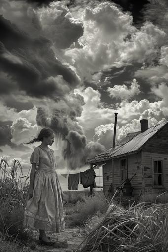 An authentic scene of a photorealistic homestead in the Great Plains with dry grasses, dust, and small farmhouse. There is a turbulent and troublesome sky as a storm approaches. A woman stands in the scene. She has a realistic photo face and is wearing a worn and tattered dress with apron. She is tired, and hanging clothes on the clothesline. A well with hand pump is nearby - created in black and white --ar 2:3