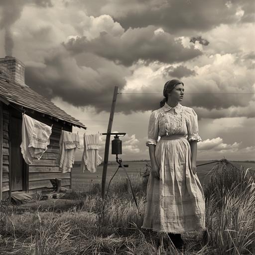 An authentic scene of a photorealistic homestead in the Great Plains with dry grasses, dust, and small farmhouse. There is a turbulent and troublesome sky as a storm approaches. A woman stands in the scene. She has a realistic photo face and is wearing a worn and tattered dress with apron. She is tired, and hanging clothes on the clothesline. A well with hand pump is nearby - created in black and white
