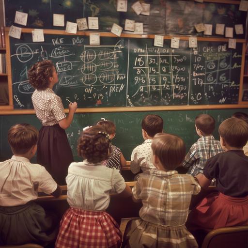 a 1950s american classroom filled with tpyical 1950s elementary students with a female teacher writing math equations on the blackboard. The image is in the style and color typical of photos from that era.