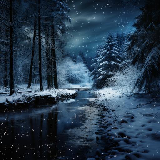a peaceful snowy night sceen - no animals - quiet - in the deep woods with a small foot path bettwenn the woods and fozen lake- night sky. Styled after the robert frost poem Stopping by a Snowy Woods