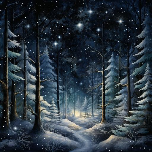 nighttime snowy woods landscape dark and deep quiet, stars, peaceful, highly detailed, fir trees, cold