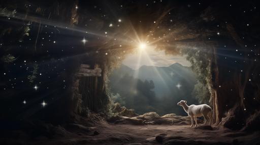 the stable where the birth of Christ took place, viewed from a distance, with light from within, magical scene, no people, night - gentle light - peaceful - animals - landscape/ --ar 16:9