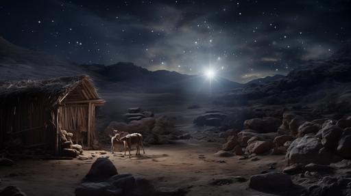 the stable where the birth of Christ took place, viewed from a distance, with light from within, magical scene, no people, night - gentle light - peaceful - animals - landscape/ --ar 16:9