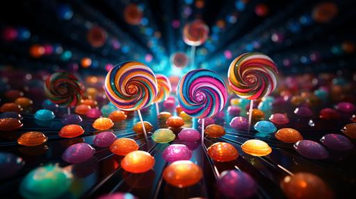 Closeup, Floating candies, lollipops, sugary sweets in circular pattern. High Contrast, dark background., Digital Art, Glitter, Kodak Ektar, 3D, Ultra-HD, Plasma Display, --ar 16:9 --s 250 --v 5.2
