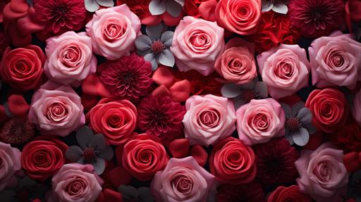 Top-View, Closeup, symmetrical circular array of red hearts or red roses or pink carnations and goodies for Valentines day, backlit, illustration. High-Key Lighting, Cinematic, Filmic, Kodak Ektar, Technicolor, 3D, Ultra-HD, AMOLED, --ar 16:9 --v 5.2 --s 250