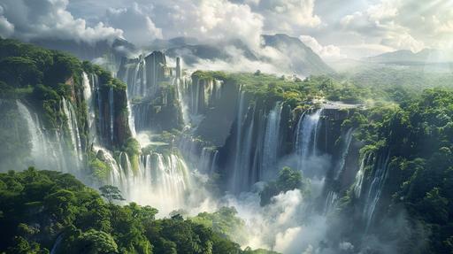 Wide-Angle. Aerial-View of several giant and tall waterfalls, cliffs, canyon of ancient forest, wet rocks, tall grasses, boulders, ancient forest with giant gnarly trees, Noon. Cumulus clouds, storm approaching. Luminism. , Cinematic, Dramatic, Filmic, Technicolor, 3D, Full-HD, Powerful, Bright, LED, --ar 16:9 --s 250 --v 6.0