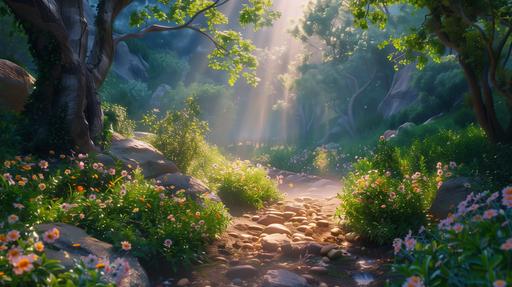Wide-Angle. Sunlit walking path inside ancient forest with giant gnarly trees, tall green grasses, wildflowers, river, boulders, rocks, cobblestone. Noon. Sun rays shine down through forest canopy to light the path. Cumulus clouds, storm approaching. Disney Pixar style. old brick wall, Cinematic, Dramatic, Filmic, Technicolor, 3D, Full-HD, Powerful, Frontlight, Bright, LED, --ar 16:9 --s 250 --v 6.0
