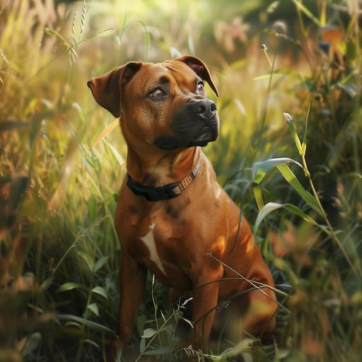 photo realistic brown staffordshire dog sitting in the grass looking cute, --v 6.0