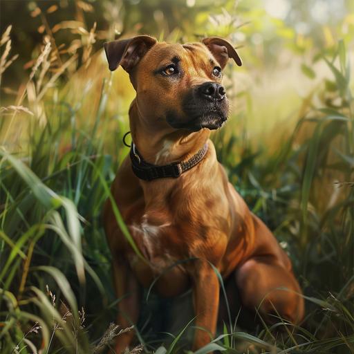photo realistic brown staffordshire dog sitting in the grass looking cute, --v 6.0