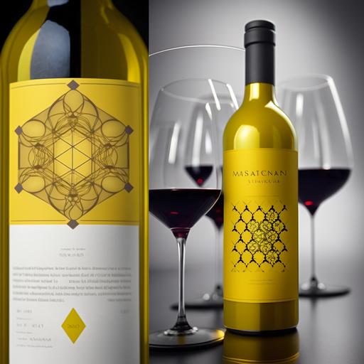 wine label with sacred geometry yellow ,with grapes, and nfc enabled , and people sitting down at a elegant reunion looking at the wine label