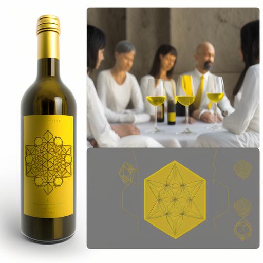 wine label with sacred geometry yellow ,with grapes, and nfc enabled , and people sitting down at a elegant reunion looking at the wine label