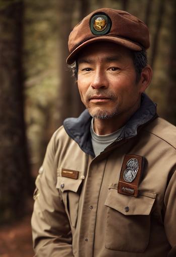 45 year old male park ranger with tan brown uniform, salt and pepper hair, gray eyes, dark pine forest background, park ranger hat, photo realistic, night time, hyper 4k, hyper realistic, 4k, 8k, uber realistic, unreal engine --testp --ar 6:19