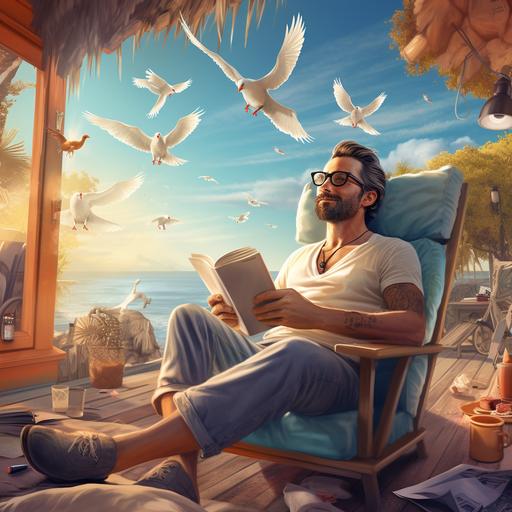 45 year old man reading in a bungalow on the beach with a table next to him and a soft drink, Seagulls are soaring overhead. super detailed, colorful and playful illustration, uhdimage