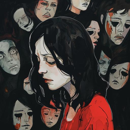 45-year-old woman, shoulder-length black hair, depressed, surrounded by images of her abusive boyfriend like cartoon-style ghosts