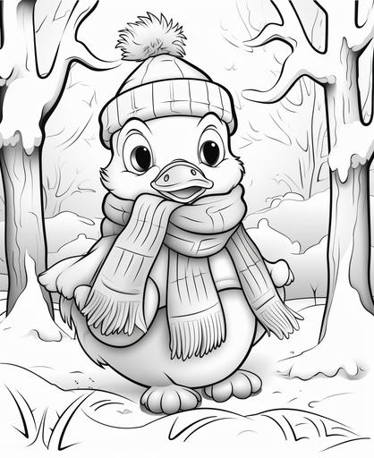 coloring page for kids, duck with a scarfand hat in the forest in winter with big eyes, cartoon style, thick lines, low detail, no shading --ar 9:11