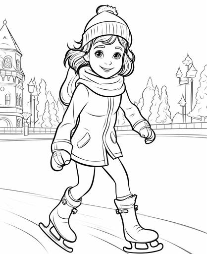 coloring page for kids, winter kids ice-skating, cartoon style, thick lines, low detail, no shading, --ar 9:11