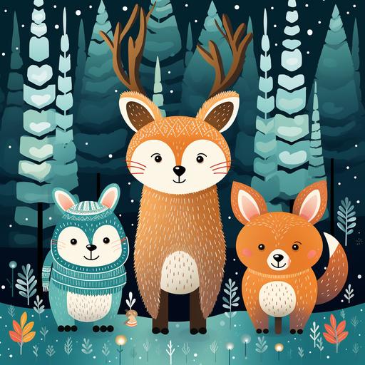 kids illustration, 3 different animals in the forest, winter magic coniferous tree in snow, cartoon style, thick lines, low details, vivid color ar 85:110