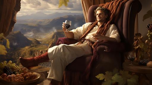 spoiled rich kid, dressed in biblical clothing, sitting on a fancy chair, grapes and fancy food all around him, holding a glass of wine, Terragen, biblical style, --ar 16:9