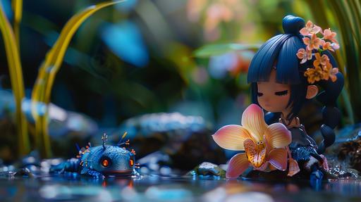 a chibi claymation like mudpuppy hellbender waterbender anime superhero chilling out with her friend Dendrobium named after an orchid from the twilight zone freakshow or something, good luck, fine detail Ultra HD photorealistic masterpiece --ar 16:9