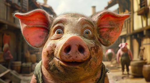 if you were a cartoon CGI like claymation character inside a futuristic fantastical animated world where pigs fly and humans wallow in the mud near the old farm, rich intricate detail, perfect composition photorealistic claymation masterpiece --ar 9:5 --s 420