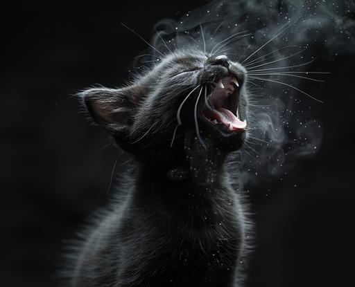 yawning vampiric kitten hd wallpaper 3, in the style of alvin langdon coburn, dusty piles, ando fuchs, mist, black and gray, hikecore, 20 megapixels cat vampire motif --ar 16:13 --s 420 --chaos 4