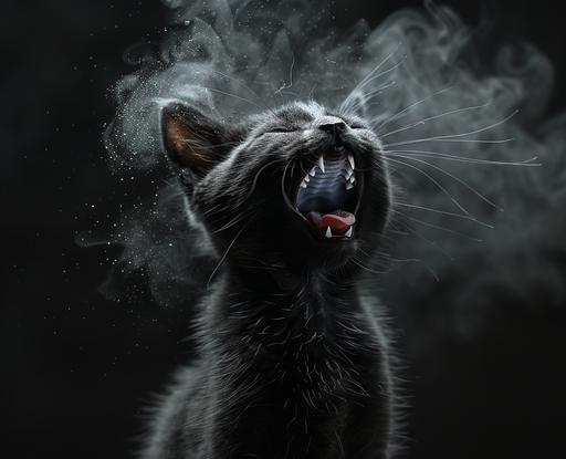 yawning vampiric kitten hd wallpaper 3, in the style of alvin langdon coburn, dusty piles, ando fuchs, mist, black and gray, hikecore, 20 megapixels cat vampire motif --s 420 --chaos 4 --ar 16:13 --v 6.0