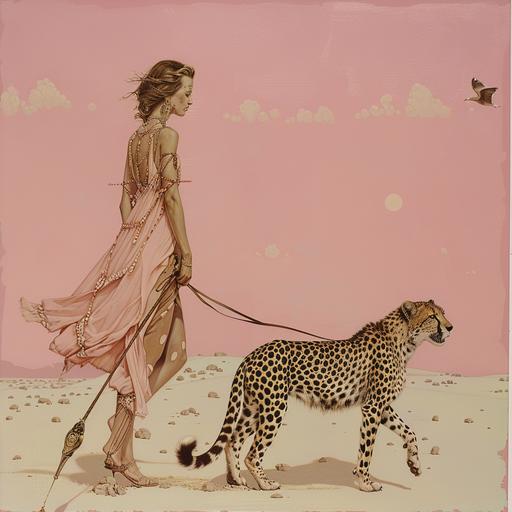 girl walking cheetah pink background Michael parkes style --v 6.0