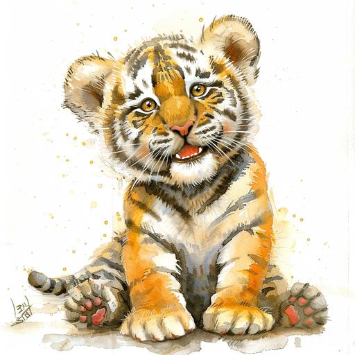 watercolor nursery clipart: Watercolor cute baby tiger, Funny Animal Clipart, full body, digital illustration, comic style, perfect anatomy, centered, dynamic, detailed, watercolor painting, artstation, concept art, smooth, sharp focus, illustration, beautifull eyes, beautiful cute smile