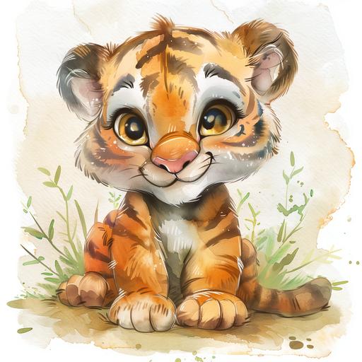 watercolor nursery clipart: Watercolor cute baby tiger, Funny Animal Clipart, full body, digital illustration, comic style, perfect anatomy, centered, dynamic, detailed, watercolor painting, artstation, concept art, smooth, sharp focus, illustration, beautifull eyes, beautiful cute smile --v 6.0