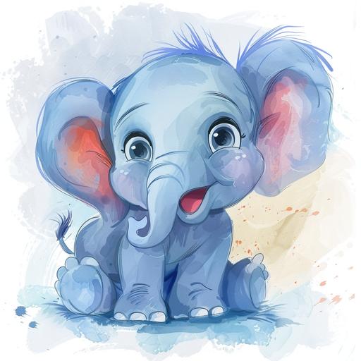 watercolor nursery clipart: Watercolor cute baby elephant, Funny Animal Clipart, full body, digital illustration, comic style, perfect anatomy, centered, dynamic, detailed, watercolor painting, artstation, concept art, smooth, sharp focus, illustration, beautifull eyes, beautiful cute smile