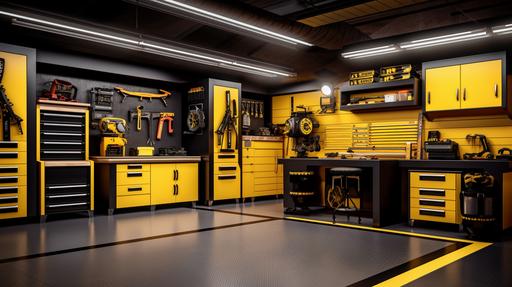 an ultra realistic image of an extremely organized garage, beautiful yellow sheet metal cabinets, floor is covered with black rubber matting, garage is highly organized and clean, 8k, --ar 16:9