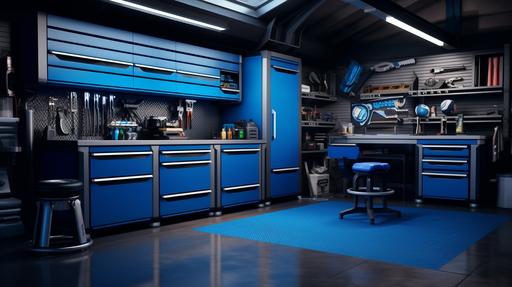 an ultra realistic image of an extremely organized garage, beautiful blue sheet metal cabinets, floor is covered with black rubber matting, garage is highly organized and clean, 8k, --ar 16:9
