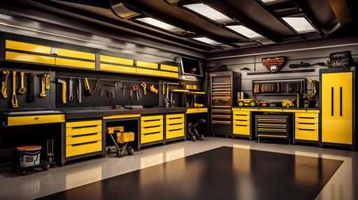 an ultra realistic image of an extremely organized garage, beautiful yellow sheet metal cabinets, floor is covered with black rubber matting, garage is highly organized and clean, 8k, --ar 16:9