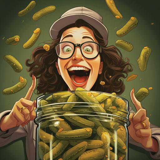 book cover, cartoon style image of a funny lady eating pickles
