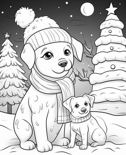 coloring page for kids, dog with scarf sitting next to a snowman, christmas trees and lights in the background, cartoon style, thick lines, no shading, low detail --ar 9:11