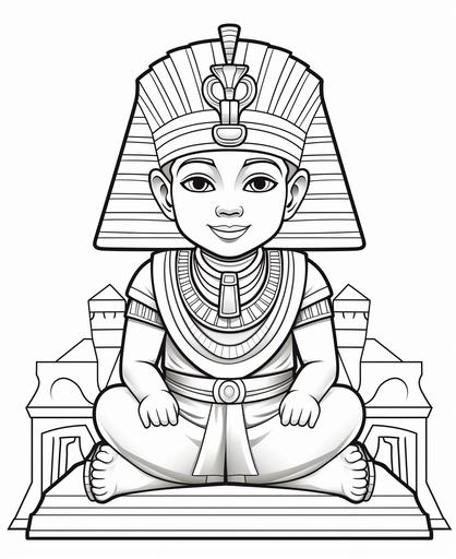 coloring page for kids, pharaoh in a pyramid, cartoon style, low detail, thick lines, no color, no shading --ar 9:11