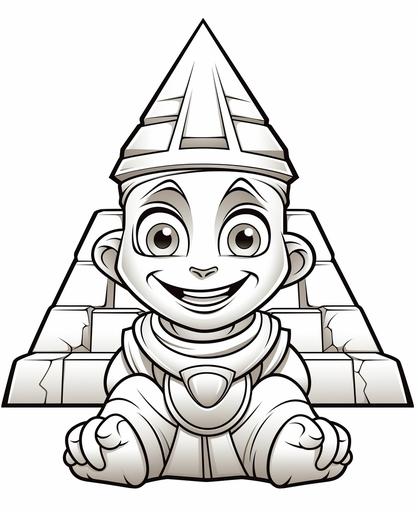 coloring page for kids, pharaoh in a pyramid, cartoon style, low detail, thick lines, no shading --ar 9:11