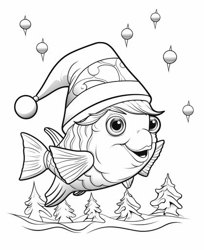 coloring page for kids, sea animals with christmas hat, cartoon style, thick lines, low detail, no shading, no color --ar 9:11