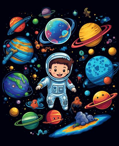 illustration for kids, different kinds of animals floating in space, black background, cartoon style, thick lines, low detail, vivid color --ar 9:11