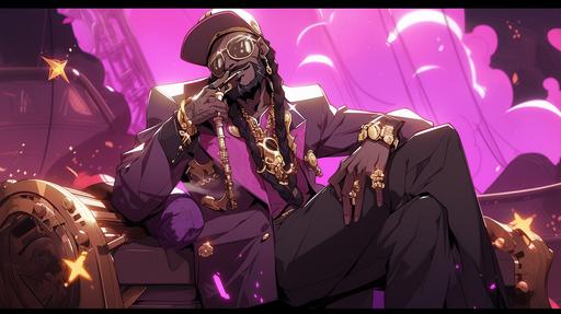 Snoop Dogg is a space pirate futuristic costum, eyes shine, pirate flag on background, shining gold eyes, ship floating, cannabis plant, gangsta poses, dynamic poses, magenta shadow --ar 16:9 --niji 5