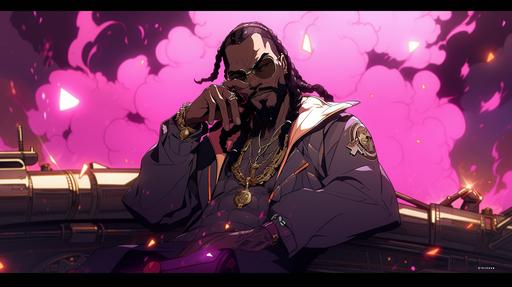 Snoop Dogg is a space pirate futuristic costum, eyes shine, pirate flag on background, shining gold eyes, ship floating, cannabis plant, gangsta poses, dynamic poses, magenta shadow --ar 16:9 --niji 5