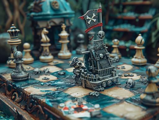 a whimsical tilt shift lens top view photography of a space pirate’s cyberpunk chessboard and chess pieces with pirate symbols, with skulls, Jolly Roger flag, in the style of nikon d850, Spacekrakencore --ar 4:3 --s 250 --style raw --v 6.0