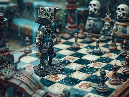 a whimsical tilt shift lens top view photography of a space pirate’s cyberpunk chessboard and chess pieces with pirate symbols, with skulls, Jolly Roger flag, in the style of nikon d850, Spacekrakencore --ar 4:3 --s 250 --style raw