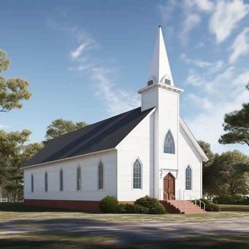 a photorealistic, very simple, brick church that is painted white. The church's steeple very simple and centered in the front middle of the roof. The door to the church is NOT visible. The trim around the roofline is dusty blue in color. The trim around the windows is dusty blue in color. Set the church at an angle in an empty parking lot with NO trees. Put short boxwood shrubs around the perimeter of the church. Make the roofline of the church very simple and low-pitched. The church is NOT tall.