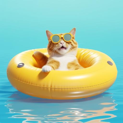 Beautiful smiling cat with funny star sunglasses, he is lying in an inflatable duck-shaped buoy, front view, he has his two front paws at the edge of the buoy, minimalist, v5, 8k.