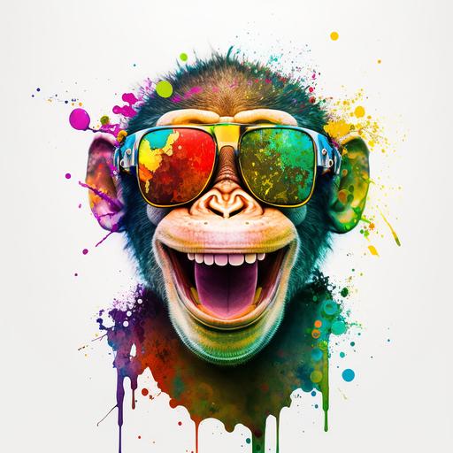 Face of a laughing monkey, very beautiful and vivid multi-colored colors well detailed with golden sunglasses, front view, his helmet is tightly placed on his skull, great eyes and cute look, logo, V5, 8K, background plain white.