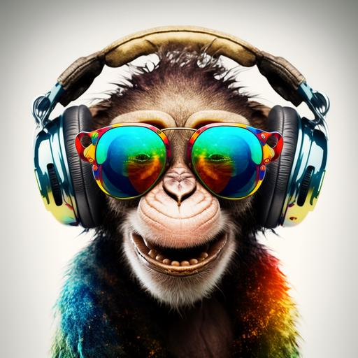 Face of a laughing monkey, very bright multi-colored colors well detailed with golden rimmed sunglasses, front view with headphones slapped on his head, beautiful eyes, logo, V5, 8K, plain white background.