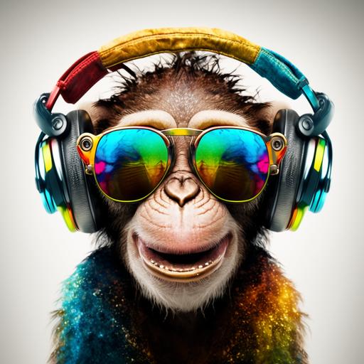 Face of a laughing monkey, very bright multi-colored colors well detailed with golden rimmed sunglasses, front view with headphones slapped on his head, beautiful eyes, logo, V5, 8K, plain white background.