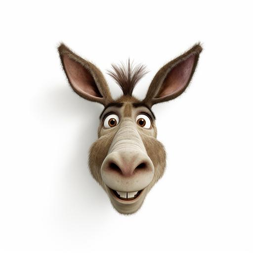 Laughing donkey head, seen from the front, it has a surprised look with cute big eyes, long ears--v5.1--plain white background, 8K, minimalist.