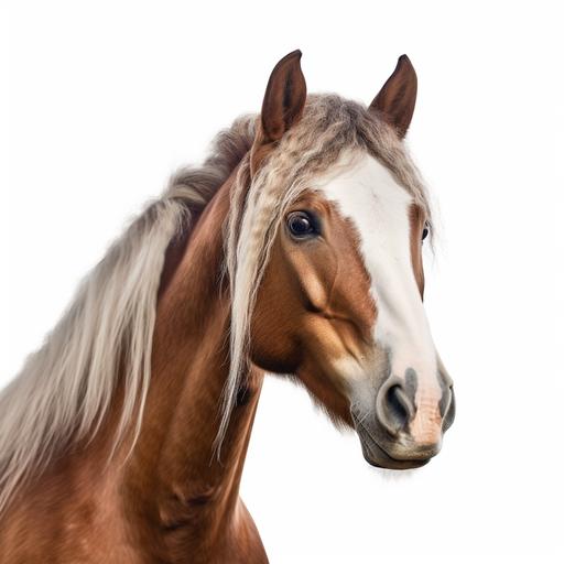 Magnificent brown and white horse head, hyper realistic with a magnificent mane, the front look, majestic horse, plain white background, minimalist, v5, 8k.